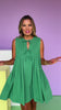 Green Pleated Round Neck Bow Tie Closure Sleeveless Dress *FINAL SALE*