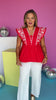 Red Embroidered V Neck Flutter Sleeve Top