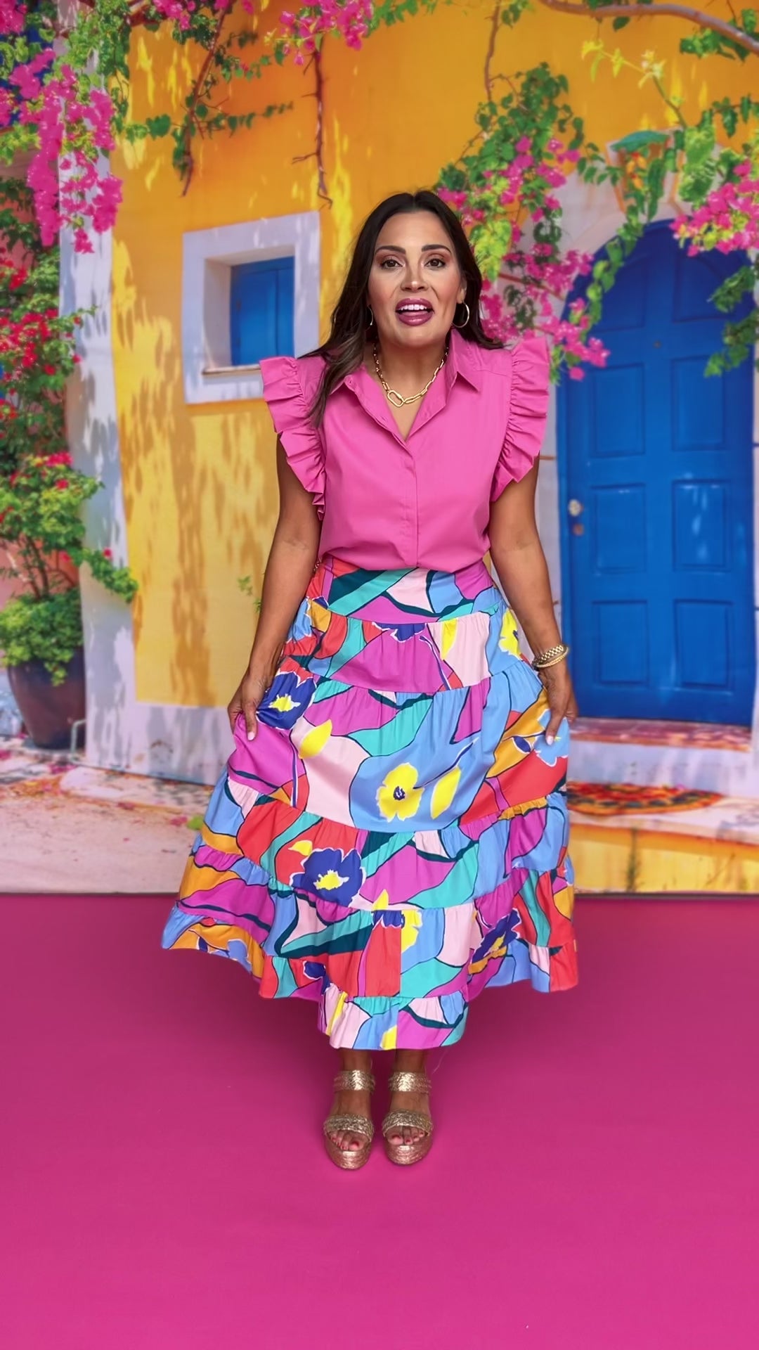 Blue Multi Print Poplin Tiered Maxi Skirt, printed skirt, tropical skirt, elevated skirt, bright skirt, must have skirt, must have print, mom style, spring style, summer style, ssys by Mallory Fitzsimmons  Edit alt text