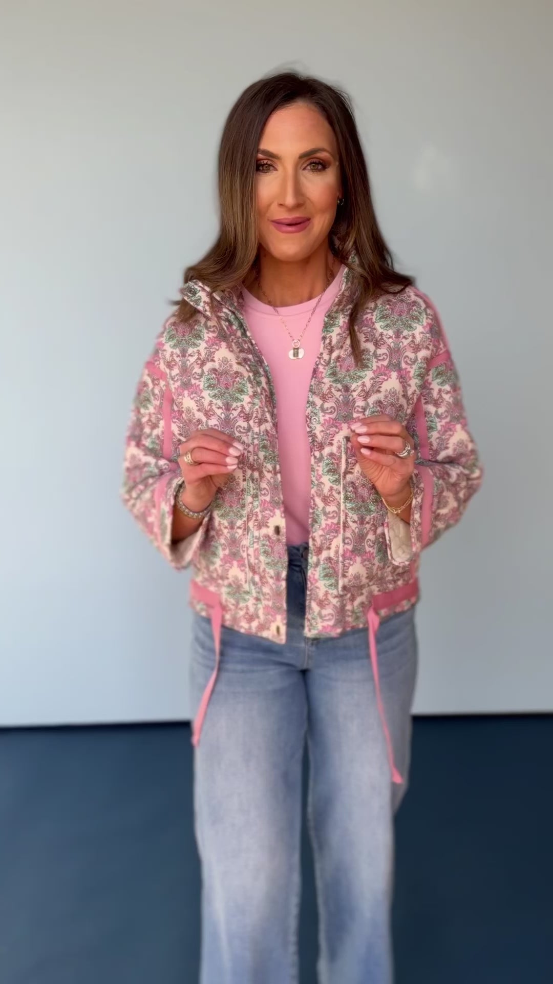 Pink Print Self Tie Detail Waist Snap Button Jacket, spring jacket, pop of color, easy to wear, new arrivals, trend forward, unique, boutique style, ssys by mallory fitzsimmons.