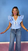 Blue V Neck Bow Detail Multi Ruffle Shoulder Top *FINAL SALE*