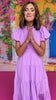 Lavender Split Neck Puff Short Sleeve Tiered Midi Dress