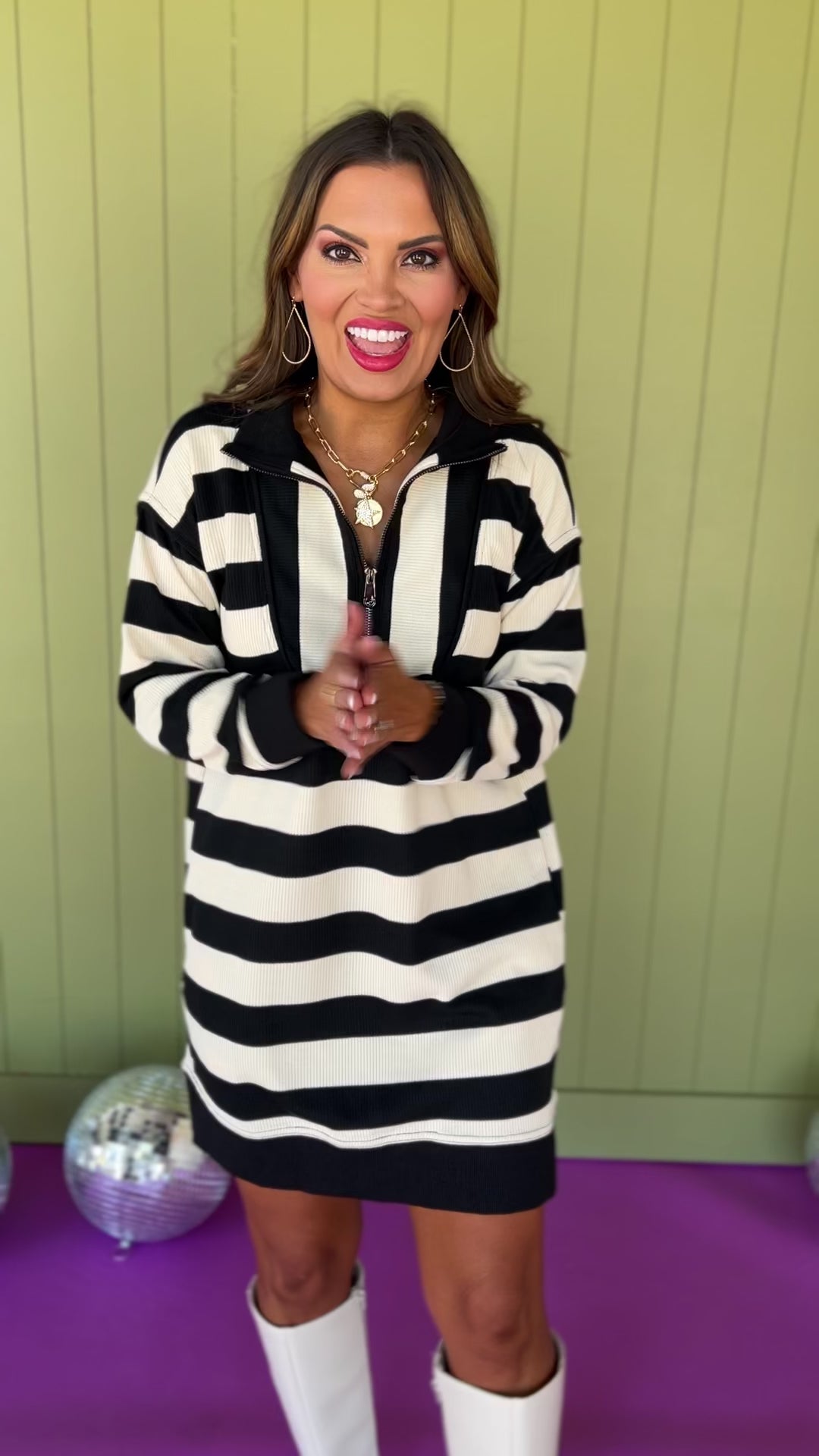 Black Stripe Ribbed Half Zip Split Hem Dress, fall new arrivals, above the knee dress, chic update, easy to wear dress, fun in stripes, mom style, shop style your senses by mallory fitzsimmons.
