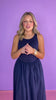 Navy Ribbed Knit Contrast Poplin Sleeveless Midi Dress *FINAL SALE*