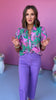 Pink Floral Printed Button Front Collared Short Sleeve Top