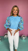 Blue Frill Neck Three Quarter Peasant Embroidered Sleeve Top