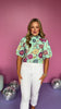 THML Mint Multi Floral Frill Mock Neck Puff Short Sleeve Top
