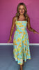 Blue Woven Print Self Belt Tiered Skirt Midi Dress