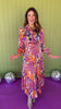 Orange Multi Abstract Print Frill Neck Half Button Up Midi Dress, fall new arrivals, easy to wear dress, bright colors, occasion ready, mom style, easy and chic, shop style your senses by Mallory fitzsimmons.