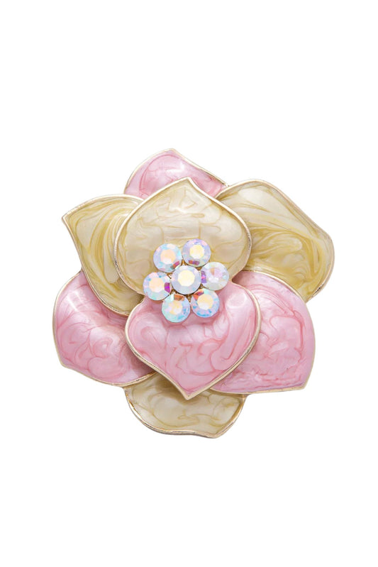 Pink and Yellow Resin Rhinestone Flower Brooch