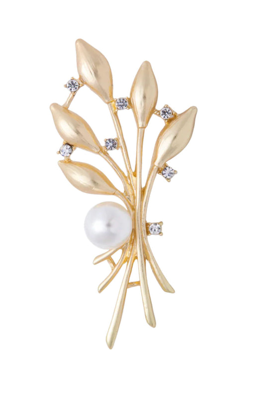 Pearl Brushed Gold Leaves Bunch Brooch