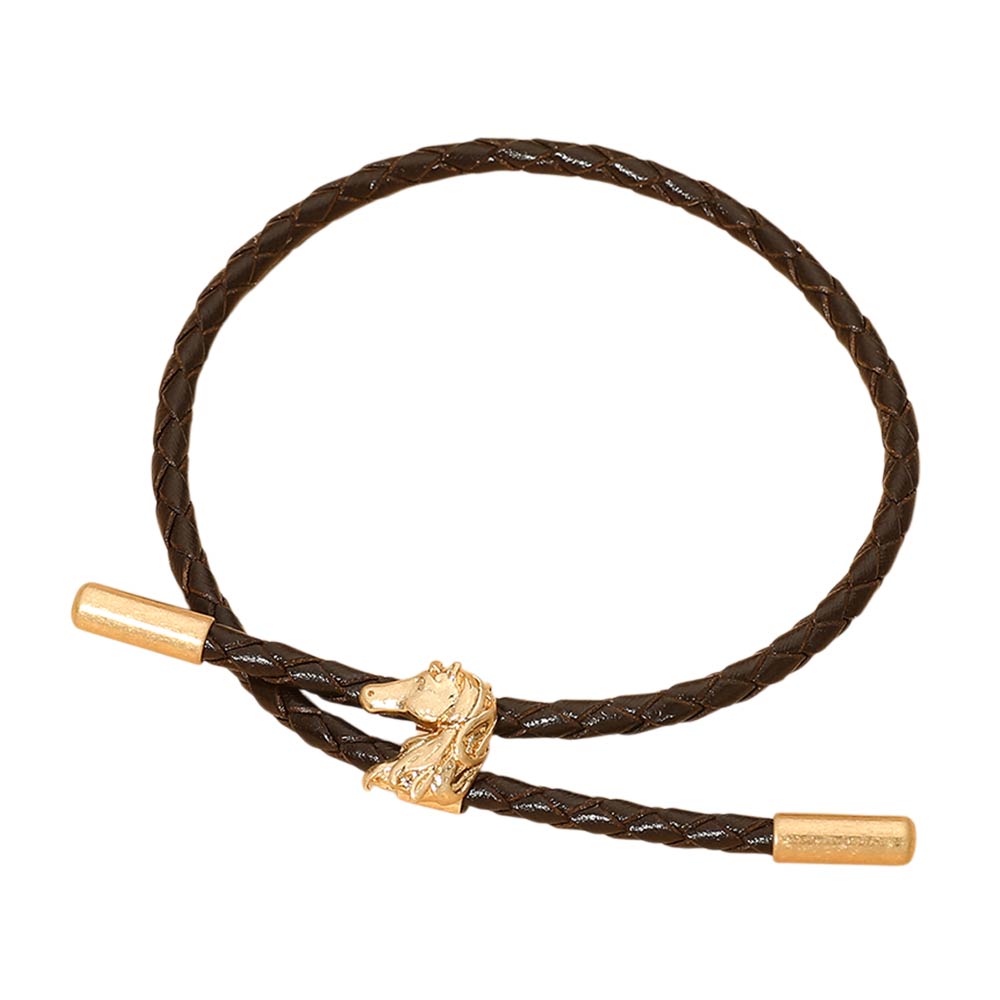 Brown and Gold Horse Charm Braided Faux Leather Cord Adjustable Bracelet