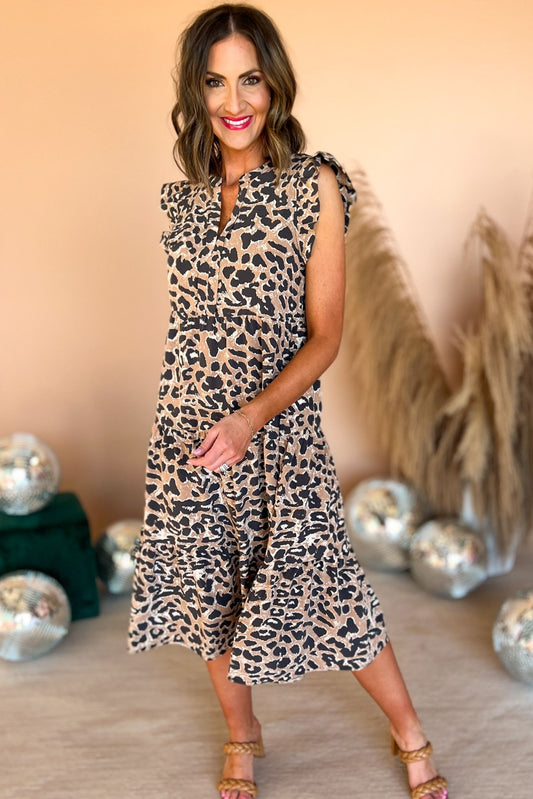Taupe Animal Print Ruffle Cap Sleeve Tiered Midi Dress, ruffle sleeve, midi dress, spring fashion, must have, mom style, shop style your senses by mallory fitzsimmons