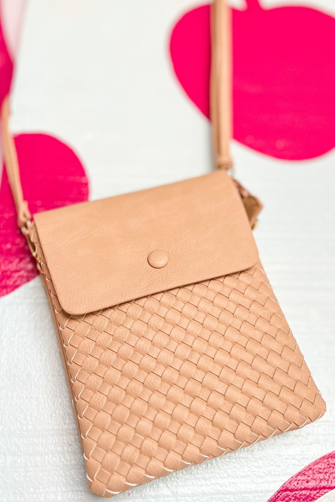 Large Nude Faux Leather Criss Cross Crossbody Bag