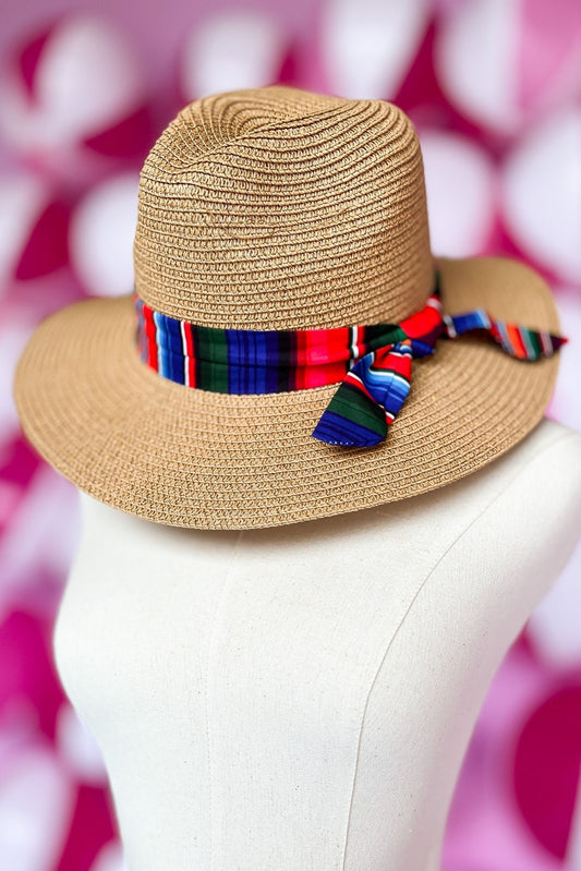 Taupe Serape Band Straw Panama Sun Hat