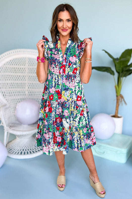 Navy Floral Flutter Sleeve V Neck Tiered Midi Dress, spring fashion, spring look, floral print, must have, mom style, resort wear, shop style your senses by mallory fitzsimmons