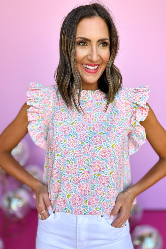 Pink Floral Print Frill Neck Ruffle Cap Sleeve Top
