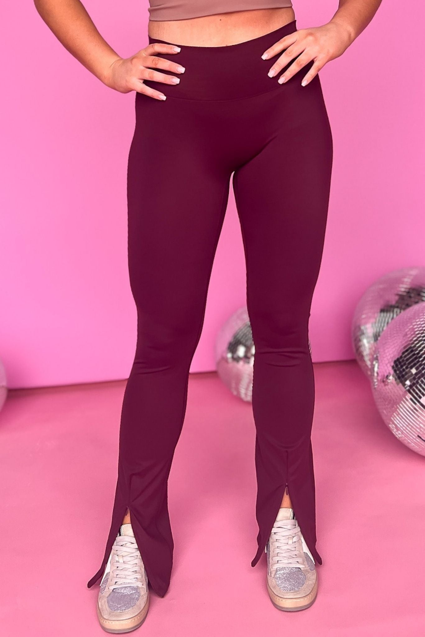 SSYS Burgundy Flare High Waist Leggings With Front Zipper, front zipper detail, high waist, seamless, easy fit, must have, everyday wear, shop style your senses by mallory fitzsimmons