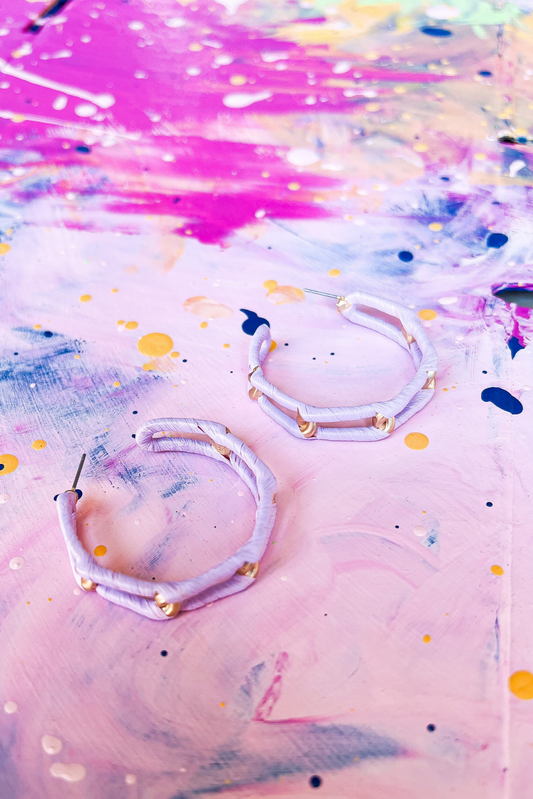 Lavender Raffia Wrapped Open Metal Link Half Hoop Earrings *FINAL SALE*