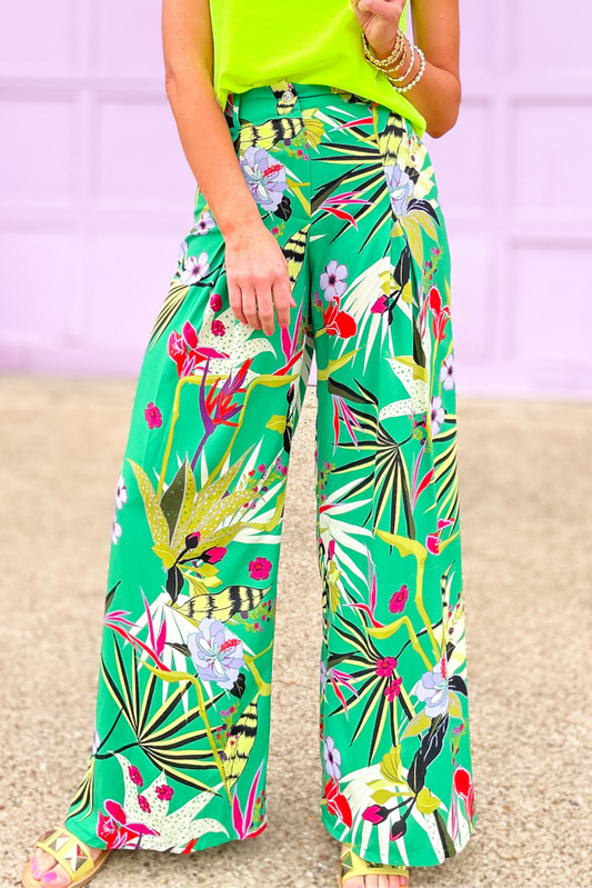 Green Tropical Printed Pleated Wide Leg Pants, tropical pants, pants, green flowy pants, floral, printed pants, wide leg pants, shop style your senses by mallory fitzsimmons