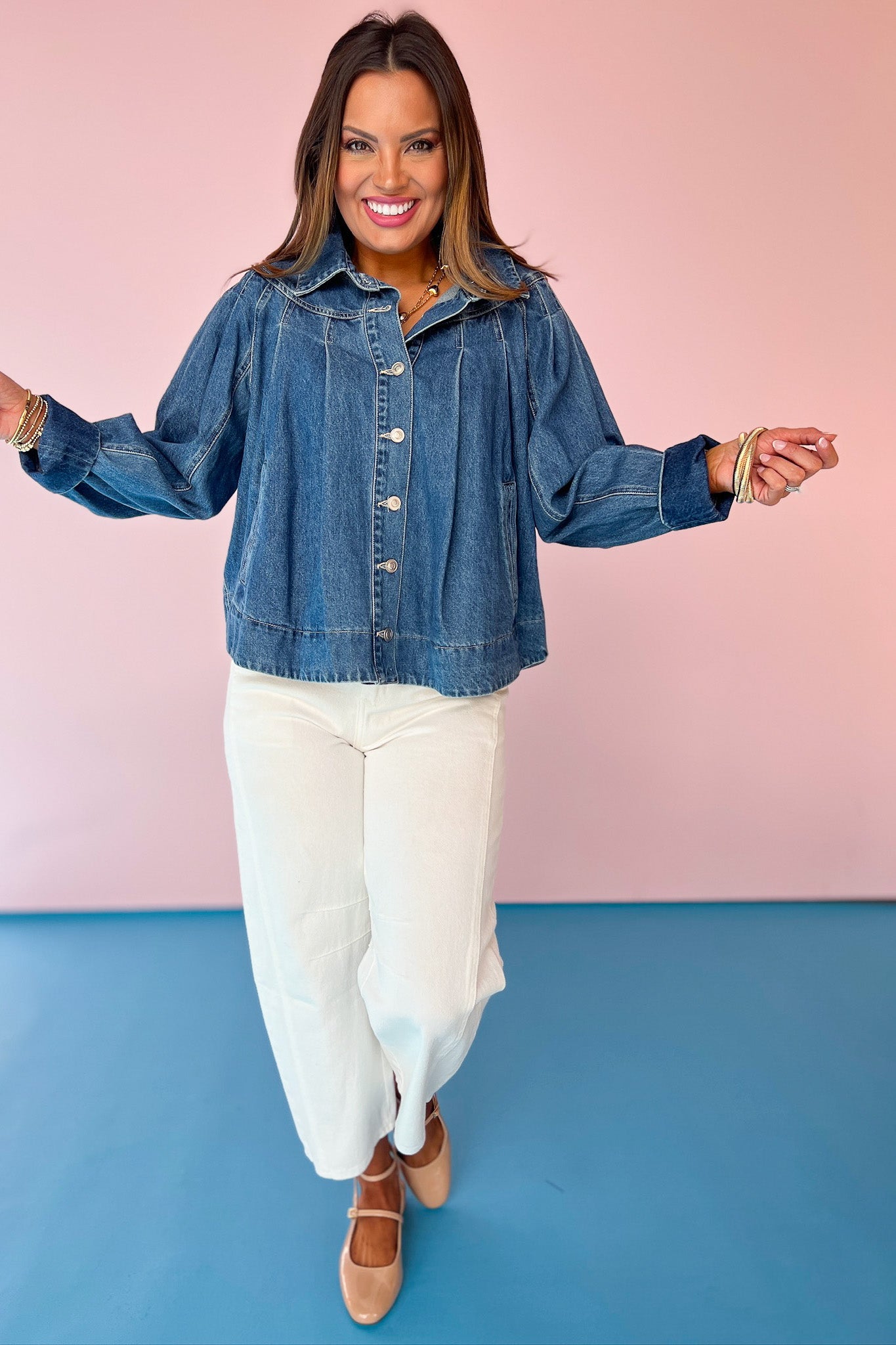 Denim Pleated Yoke Contrast Stitching Detail Jacket, button detail, universal, work top, church top, ssys by mallory fitzsimmons