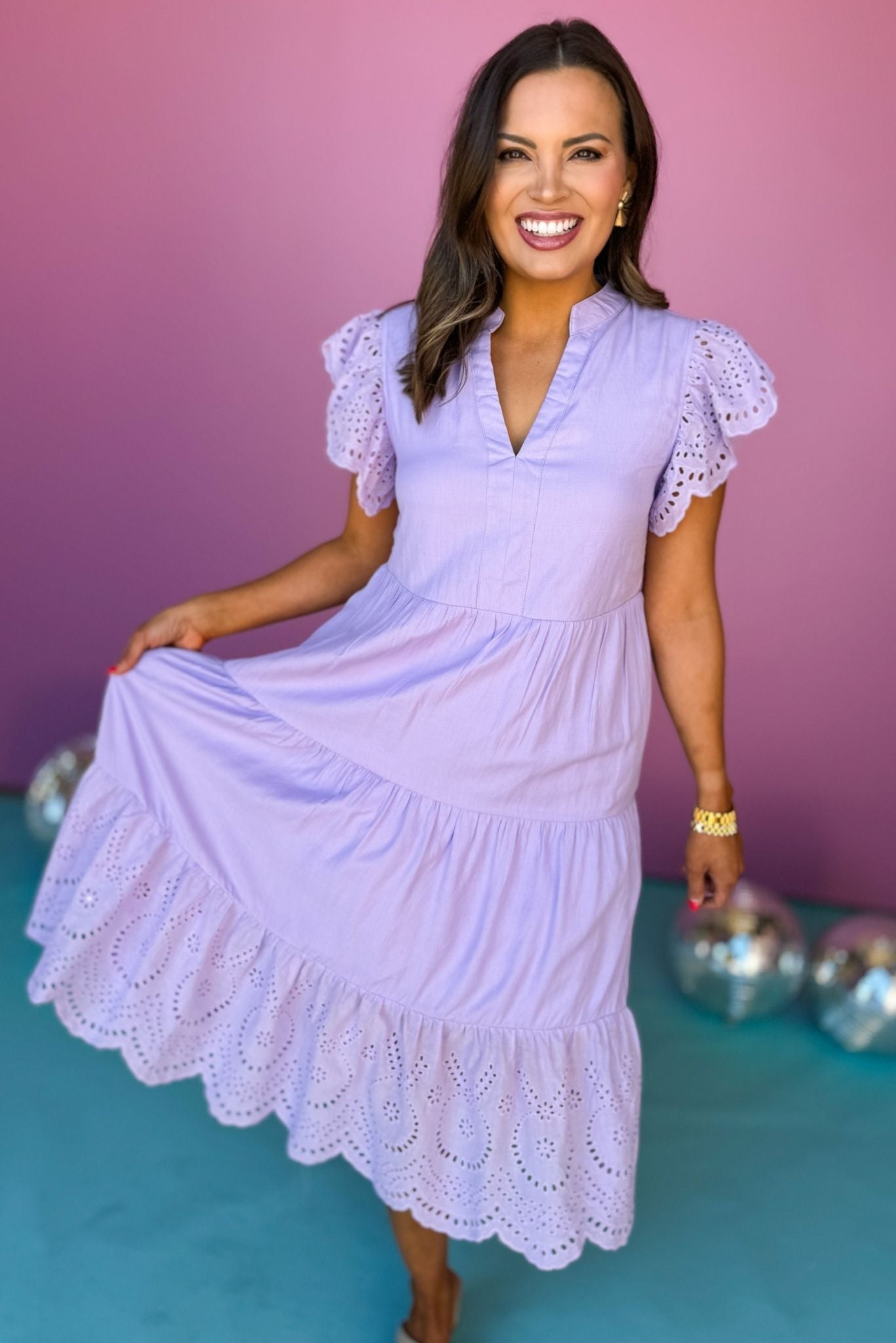 Lavender V Neck Ruffle Sleeve Eyelet Detail Maxi Dress, must have dress, must have style, weekend style, brunch style, spring fashion, elevated style, elevated style, mom style, shop style your senses by mallory fitzsimmons, ssys by mallory fitzsimmons