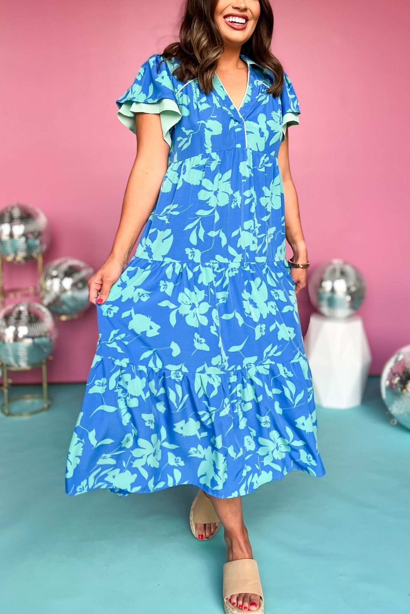 Blue Mix Collared V Neck Midi Dress, printed dress, tiered dress, midi dress, must have dress, must have style, weekend style, spring fashion, elevated style, elevated style, mom style, shop style your senses by mallory fitzsimmons, ssys by mallory fitzsimmons