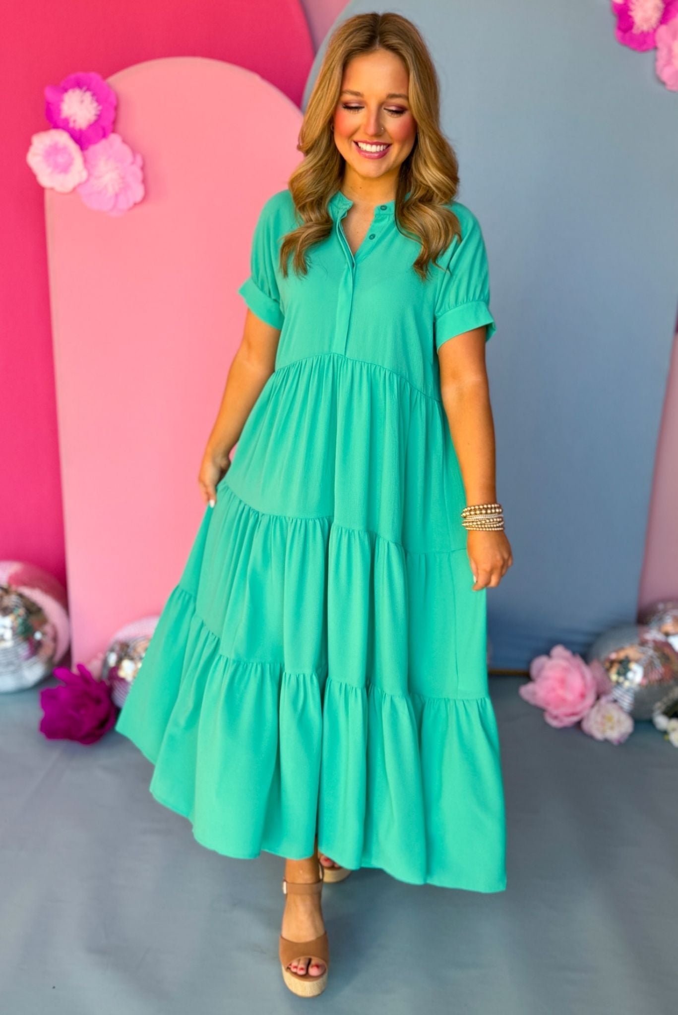 Emerald Button Front Tiered Short Sleeve Maxi Dress, maxi dress, must have dress, must have style, church style, spring fashion, elevated style, elevated dress, mom style, work dress, shop style your senses by mallory fitzsimmons