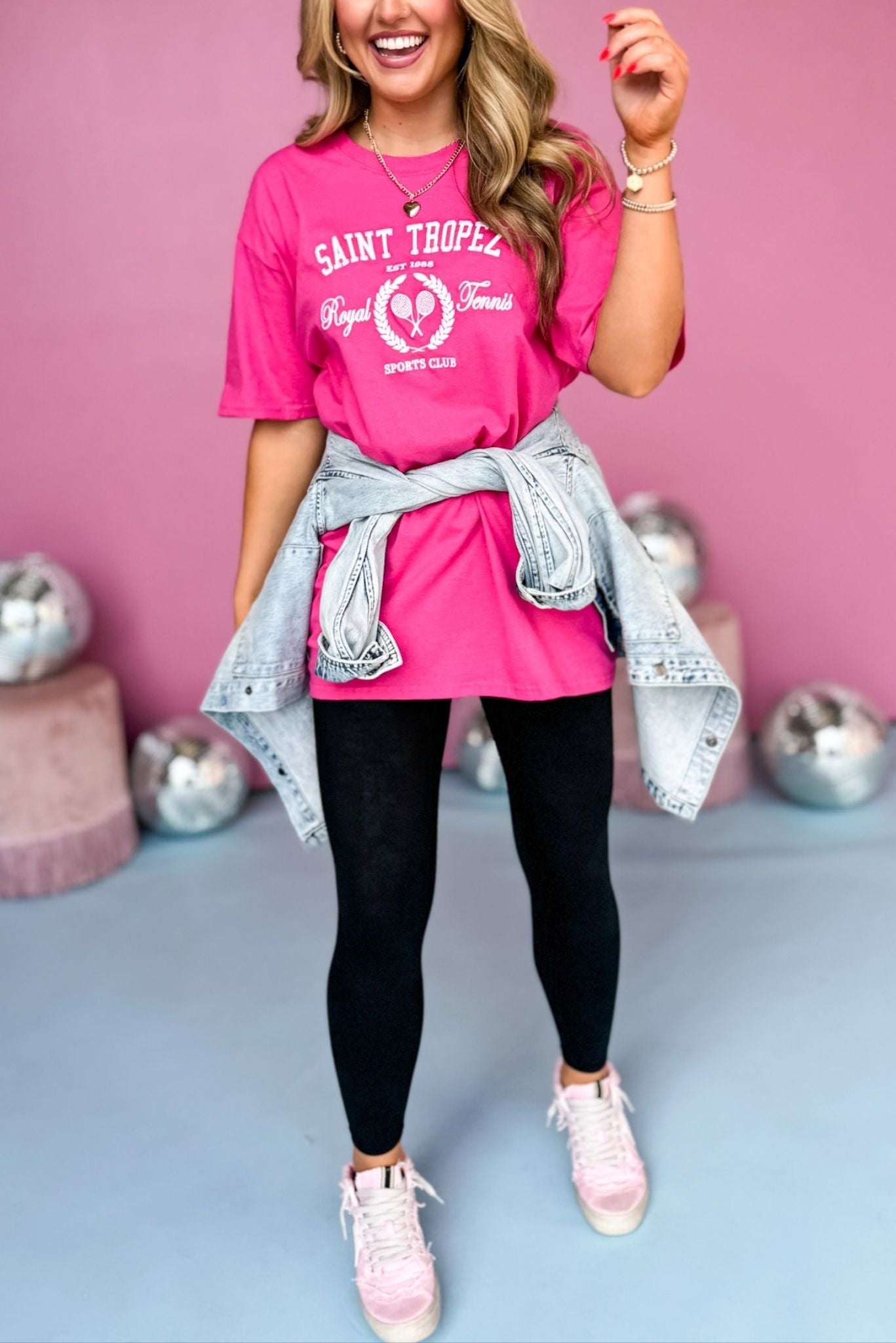 Fuchsia Saint Tropez Royal Tennis Graphic Tee, must have t-shirt, elevated t-shirt , graphic t-shirt , must have style, comfortable style, casual fashion, mom style, shop style your senses by mallory fitzsimmons