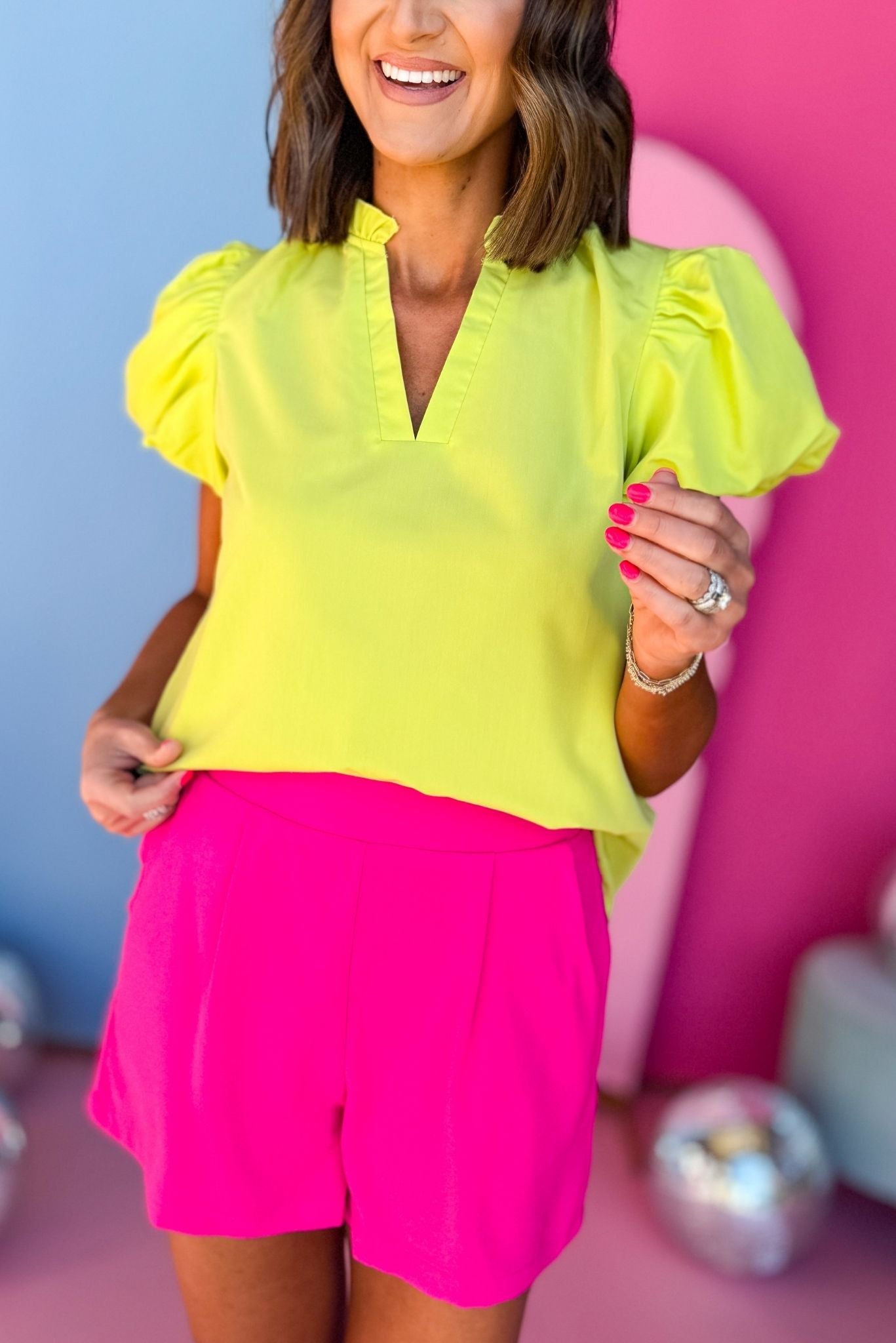 Lime Green Split Neck Frilled Collared Puff Short Sleeve Top, must have top, must have style, brunch style, summer style, spring fashion, elevated style, elevated top, mom style, shop style your senses by mallory fitzsimmons, ssys by mallory fitzsimmons