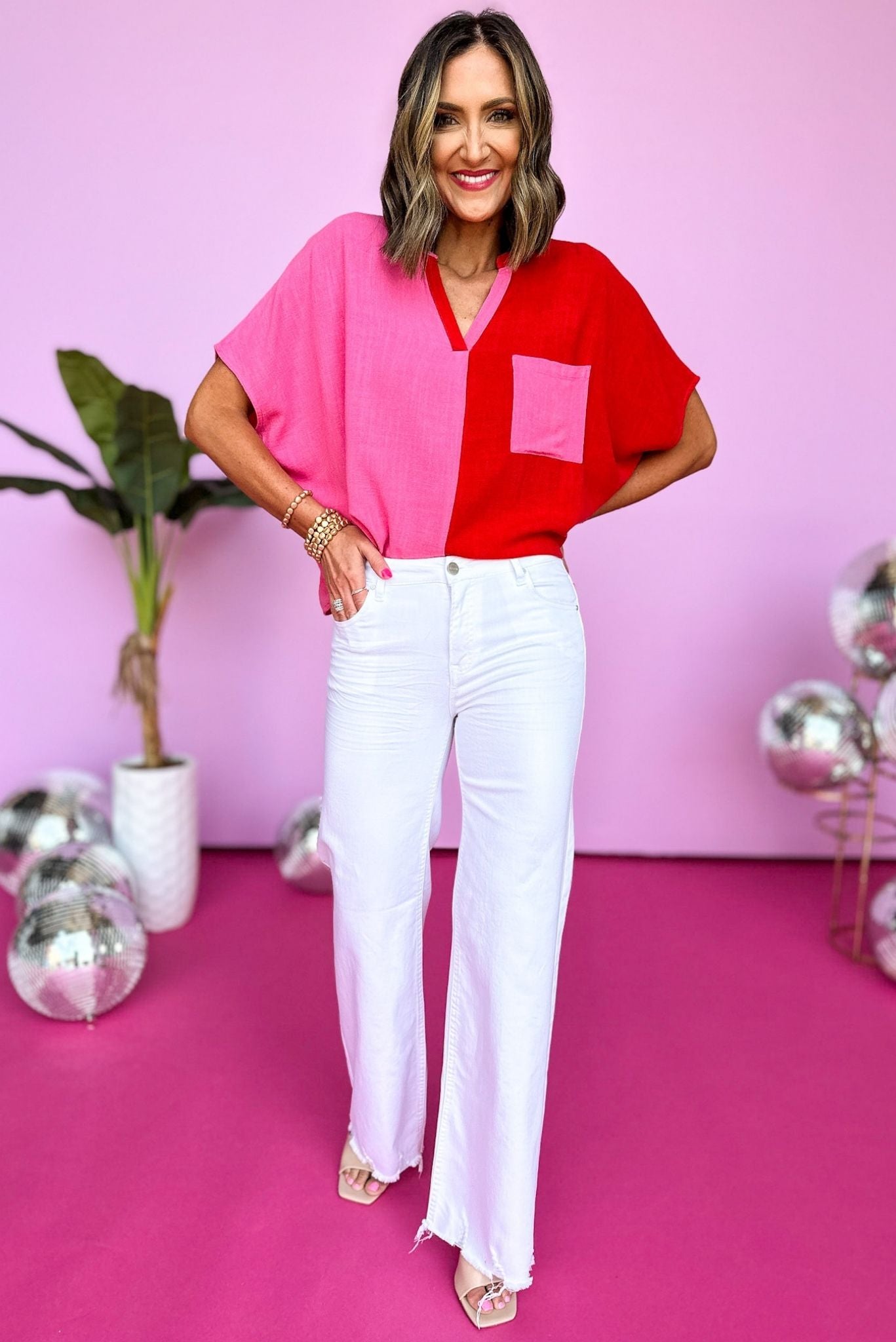 Pink Colorblock Top Hot Pink Red Colorblock V Neck Pocket Top *FINAL SALE* – SSYS