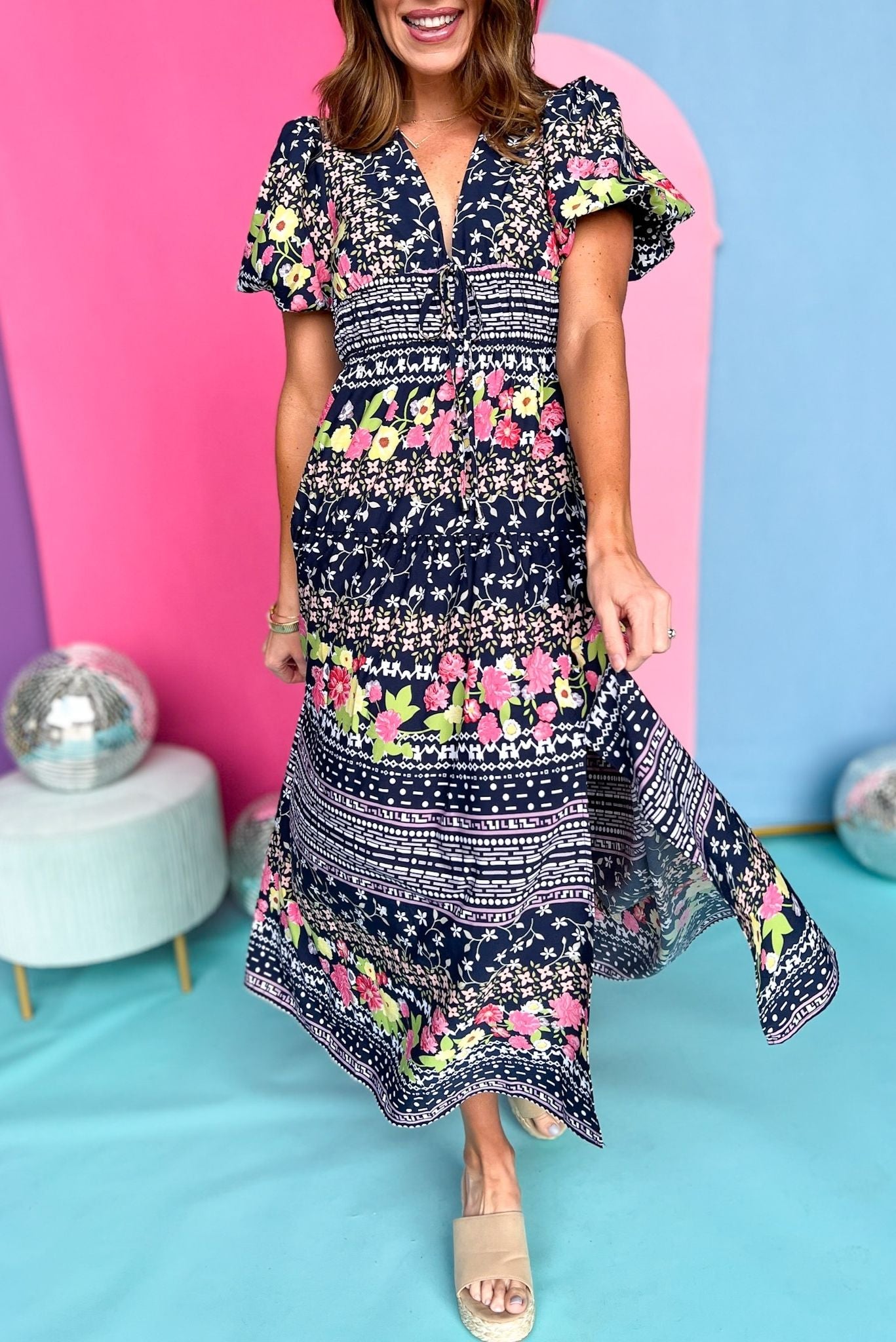 Navy Floral Deep V Neck Puff Sleeve Maxi Dress, printed dress, midi dress, must have dress, must have style, weekend style, spring fashion, elevated style, elevated dress, mom style, shop style your senses by mallory fitzsimmons, ssys by mallory fitzsimmons
