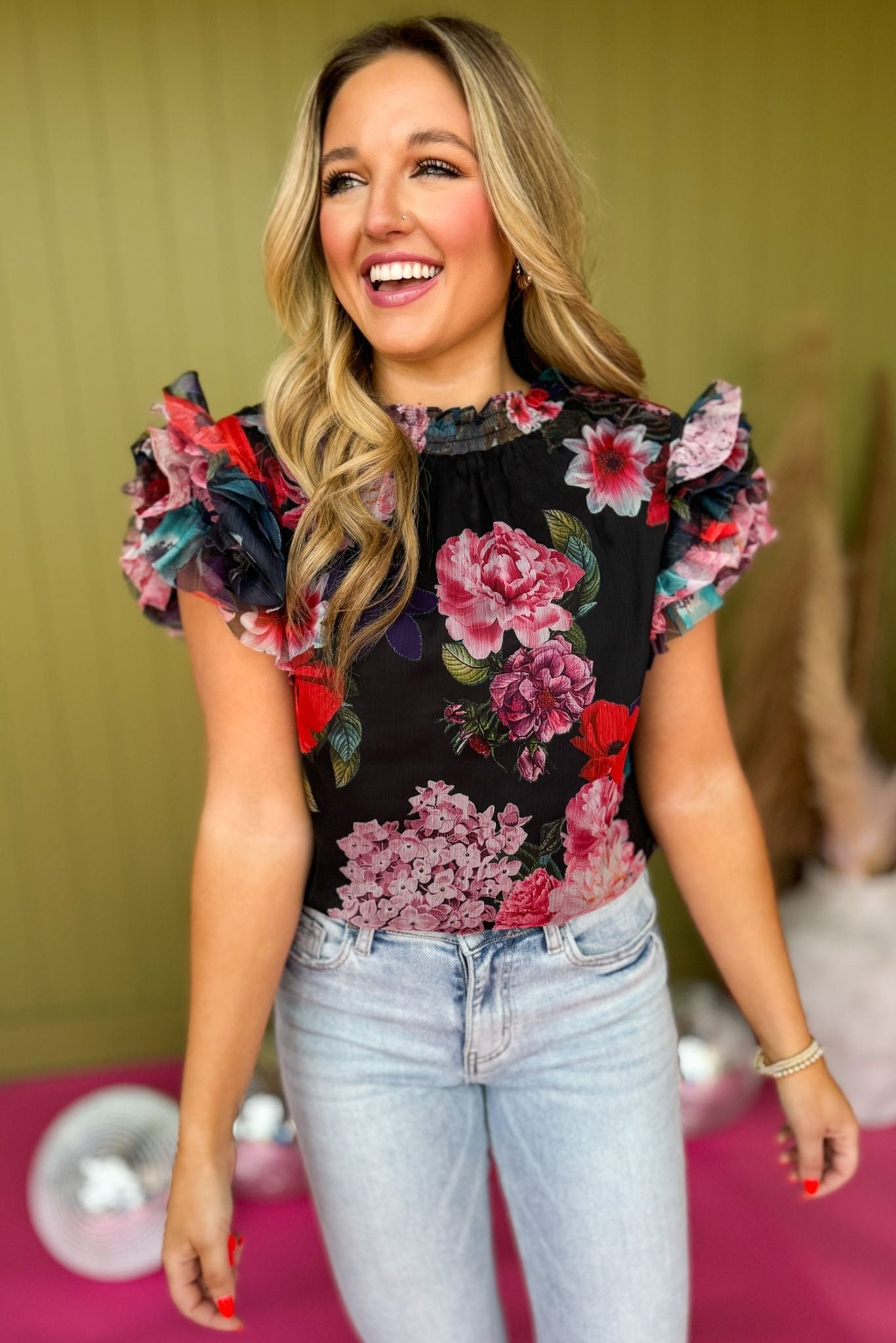 Black Floral Printed Mock Neck Ruffle Layered Sleeve Top, must have top, must have style, office style, winter fashion, elevated style, elevated top, mom style, work top, shop style your senses by mallory fitzsimmons