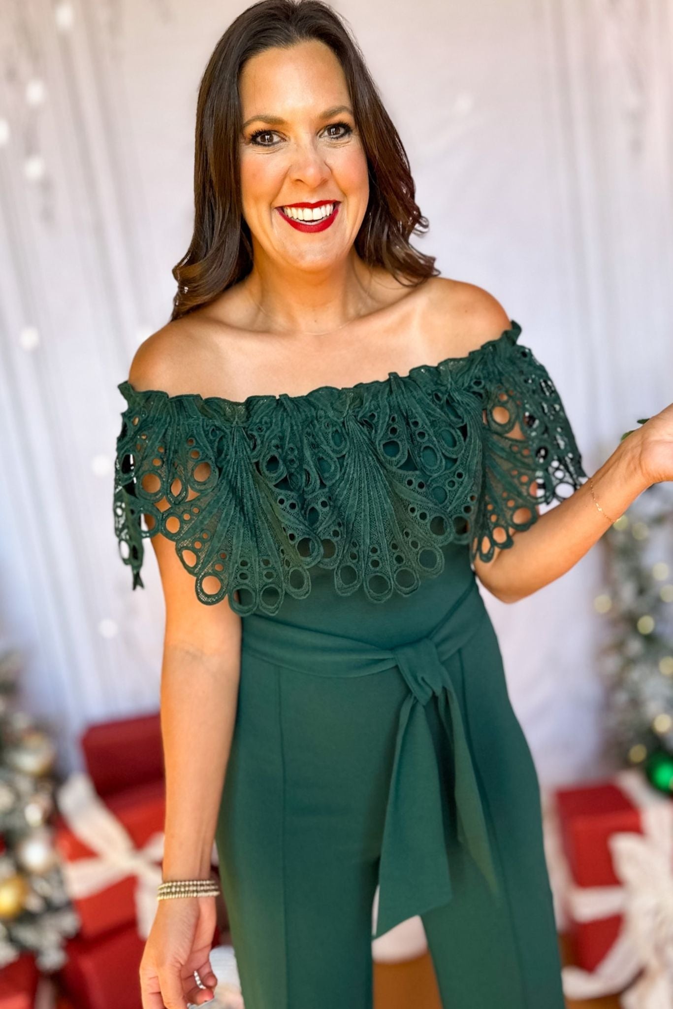 Hunter Green Crochet Off The Shoulder Tie Waist Jumpsuit, must have jumpsuit, must have style, elevated jumpsuit, elevated style, holiday style, holiday fashion, elevated holiday, holiday collection, affordable fashion, mom style, shop style your senses by mallory fitzsimmons