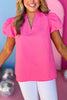 Pink Split Neck Frilled Collared Puff Short Sleeve Top, must have top, must have style, brunch style, summer style, spring fashion, elevated style, elevated top, mom style, shop style your senses by mallory fitzsimmons, ssys by mallory fitzsimmons