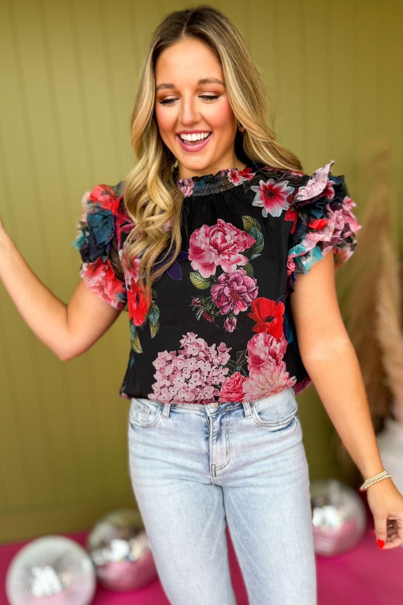 Black Floral Printed Mock Neck Ruffle Layered Sleeve Top, must have top, must have style, office style, winter fashion, elevated style, elevated top, mom style, work top, shop style your senses by mallory fitzsimmons