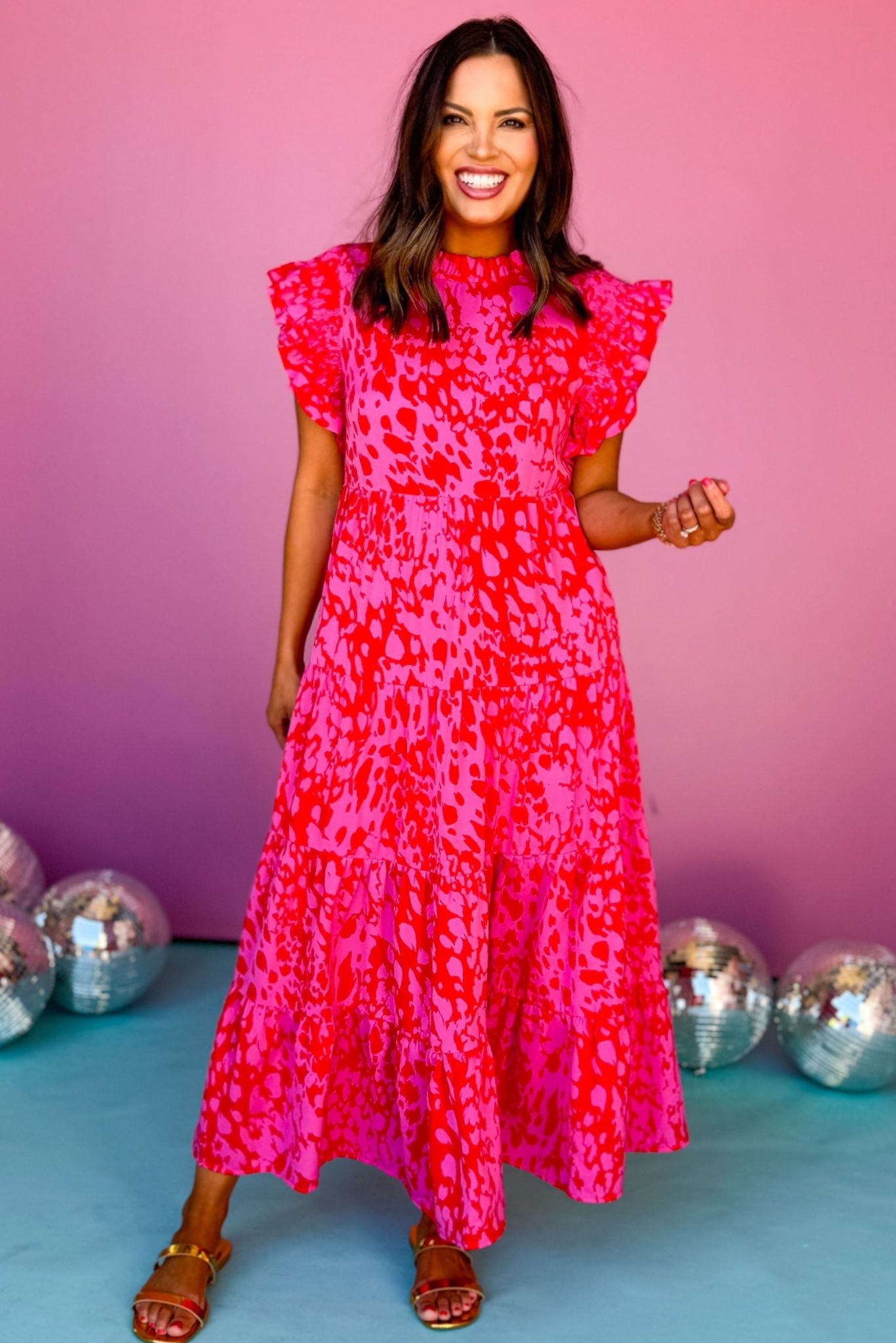 Pink Print Smocked Frilled Shoulder Tiered Layer Dress *FINAL SALE* SSYS Pink Print Smocked Frilled Shoulder Tiered Layer Dress *FINAL SALE* SSYS