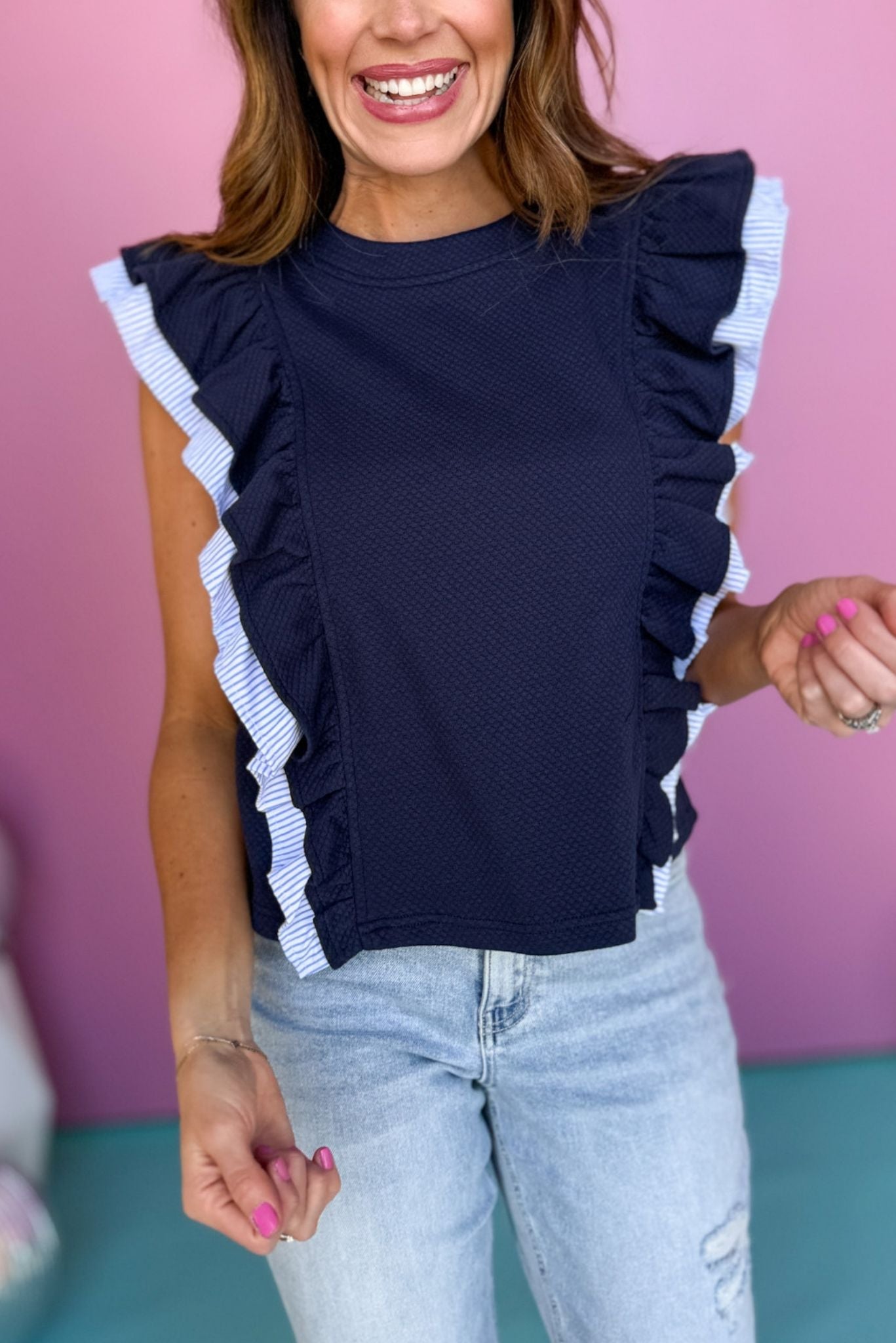 Navy Striped Ruffle Detailed Textured Top, ruffle top, must have top, must have style, date night style, summer style, spring fashion, elevated style, elevated top, mom style, shop style your senses by mallory fitzsimmons, ssys by mallory fitzsimmons