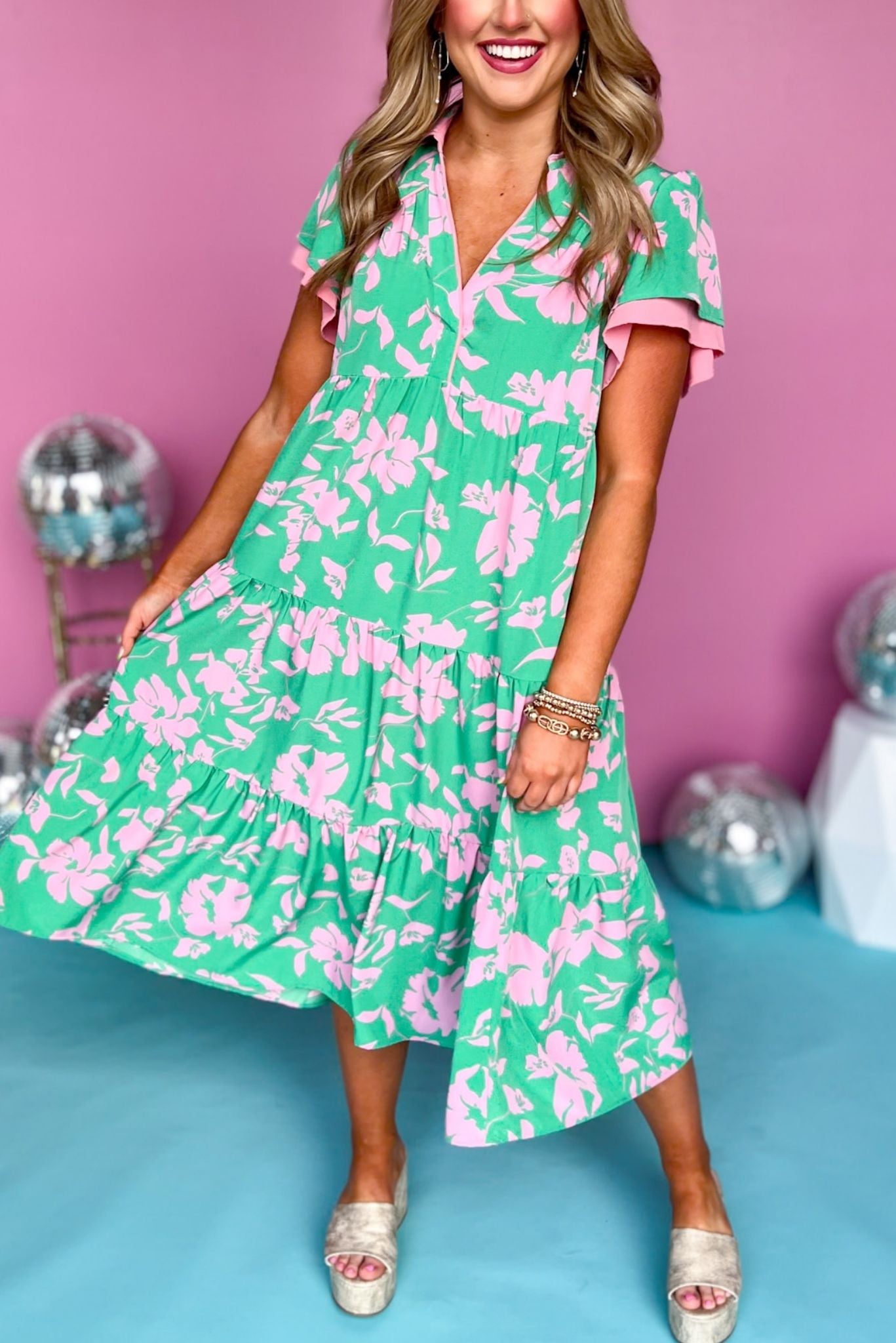 Green Mix Collared V Neck Midi Dress, printed dress, midi dress, tiered dress, must have dress, must have style, weekend style, spring fashion, elevated style, elevated style, mom style, shop style your senses by mallory fitzsimmons, ssys by mallory fitzsimmons