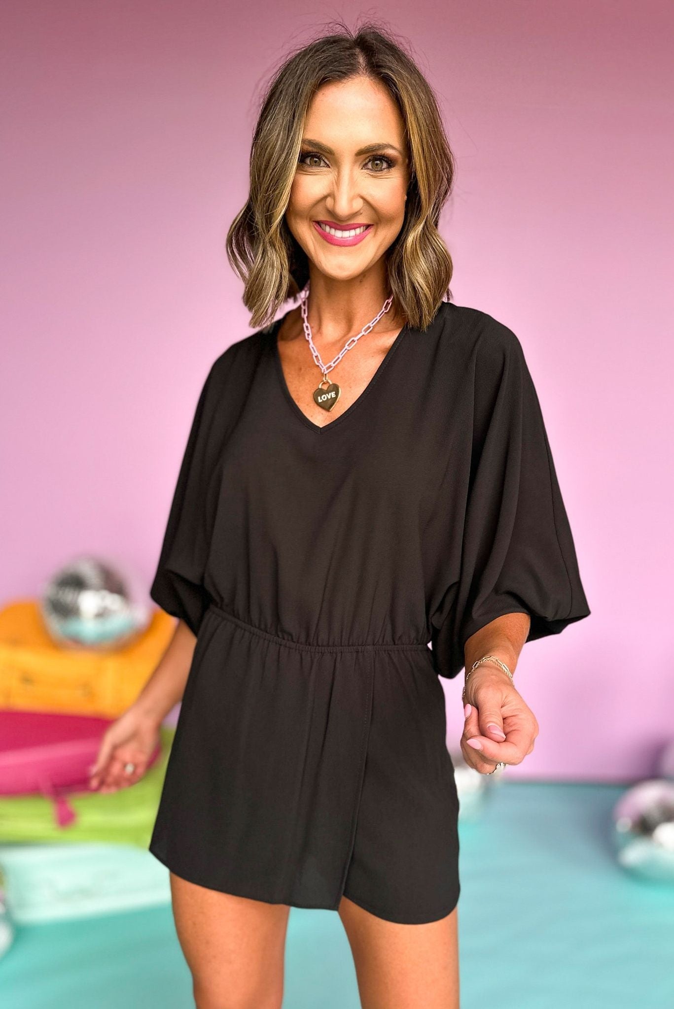 Black Textured V Neck Dolman Sleeve Romper, summer romper, date night outfit, elevated style, shop style your senses by mallory fitzsimmons