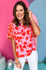 Pink Two Tone Ruffle Split Neck Puff Short Sleeve Embroidered Top, pink and red top, must have top, must have style, brunch style, summer style, spring fashion, elevated style, elevated top, mom style, shop style your senses by mallory fitzsimmons, ssys by mallory fitzsimmons