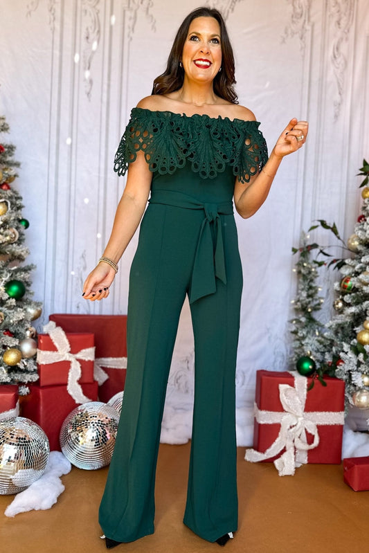  Hunter Green Crochet Off The Shoulder Tie Waist Jumpsuit, must have jumpsuit, must have style, elevated jumpsuit, elevated style, holiday style, holiday fashion, elevated holiday, holiday collection, affordable fashion, mom style, shop style your senses by mallory fitzsimmons