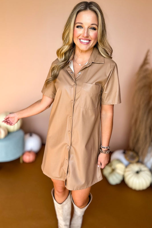  Camel Faux Leather Collared Button Front Short Sleeve Dress, must have dress, must have style, fall style, fall fashion, elevated style, elevated dress, mom style, fall collection, fall dress, shop style your senses by mallory fitzsimmons