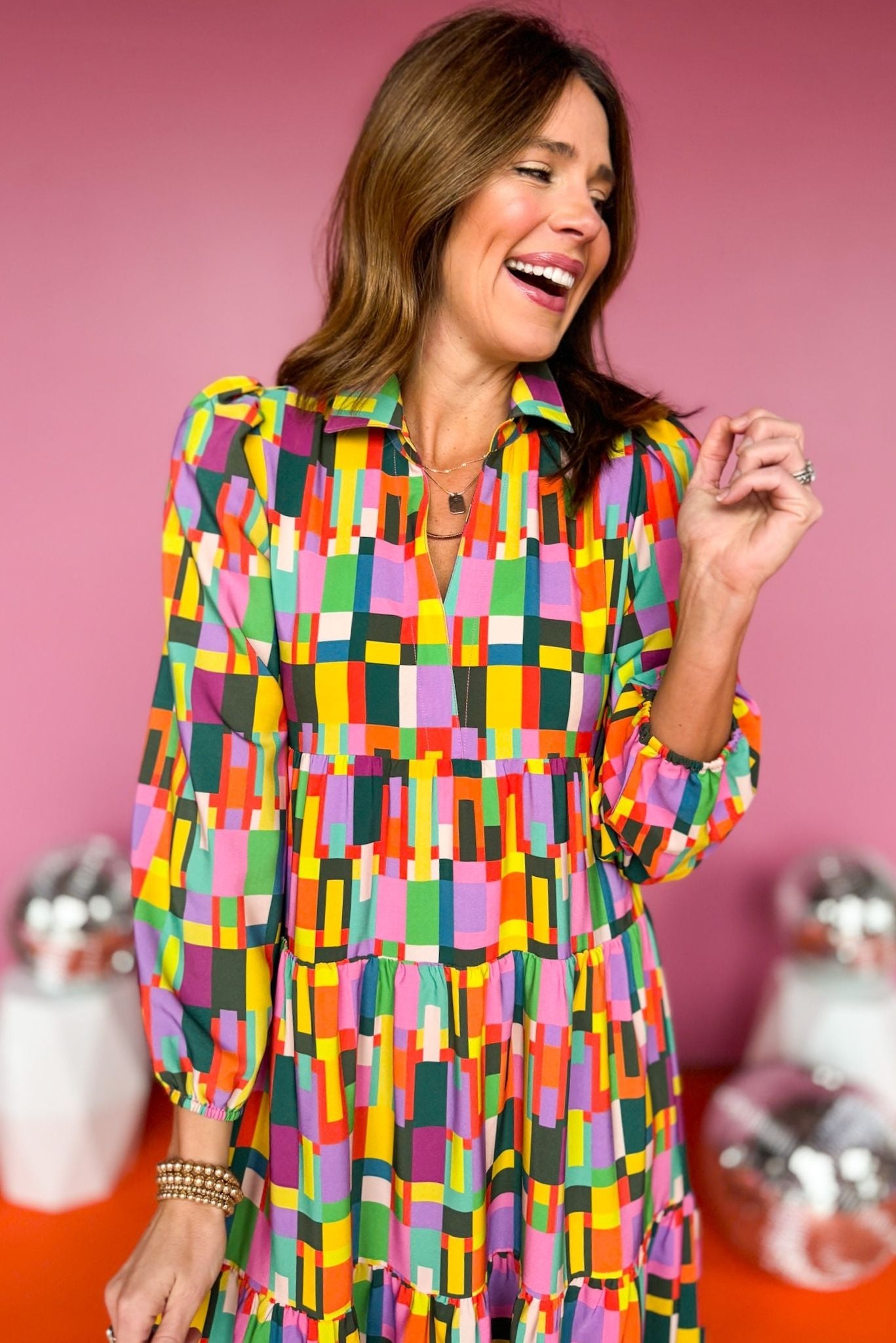SSYS The Emery Midi Dress In Multi Rectangle Print, ssys the label, must have dress, printed dress, church dress, elevated dress, midi dress, mom style, spring style, elevated style, shop style your senses by mallory fitzsimmons