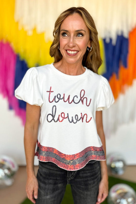 White Red Sequin Touch Down Puff Sleeve Top, game day top, gameday essential, game day top, gameday look, must have, game day sparkle, georgia game day, alabama game day, texas tech gameday, elevated style, mom style, shop style your senses by mallory fitzsimmons