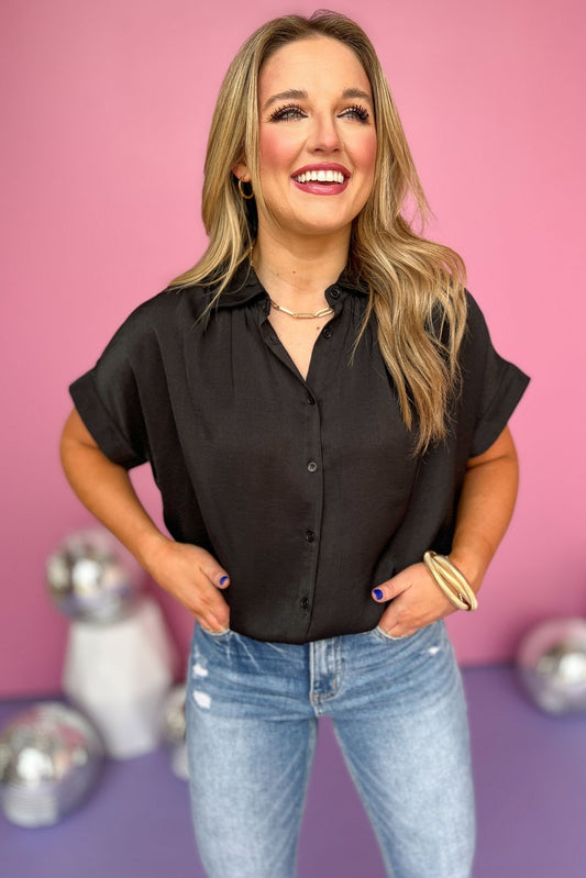  Black Button Front Ruched Shoulder Cuffed Short Sleeve Top, must have top, must have style, brunch style, summer style, spring fashion, elevated style, elevated top, mom style, shop style your senses by mallory fitzsimmons, ssys by mallory fitzsimmons