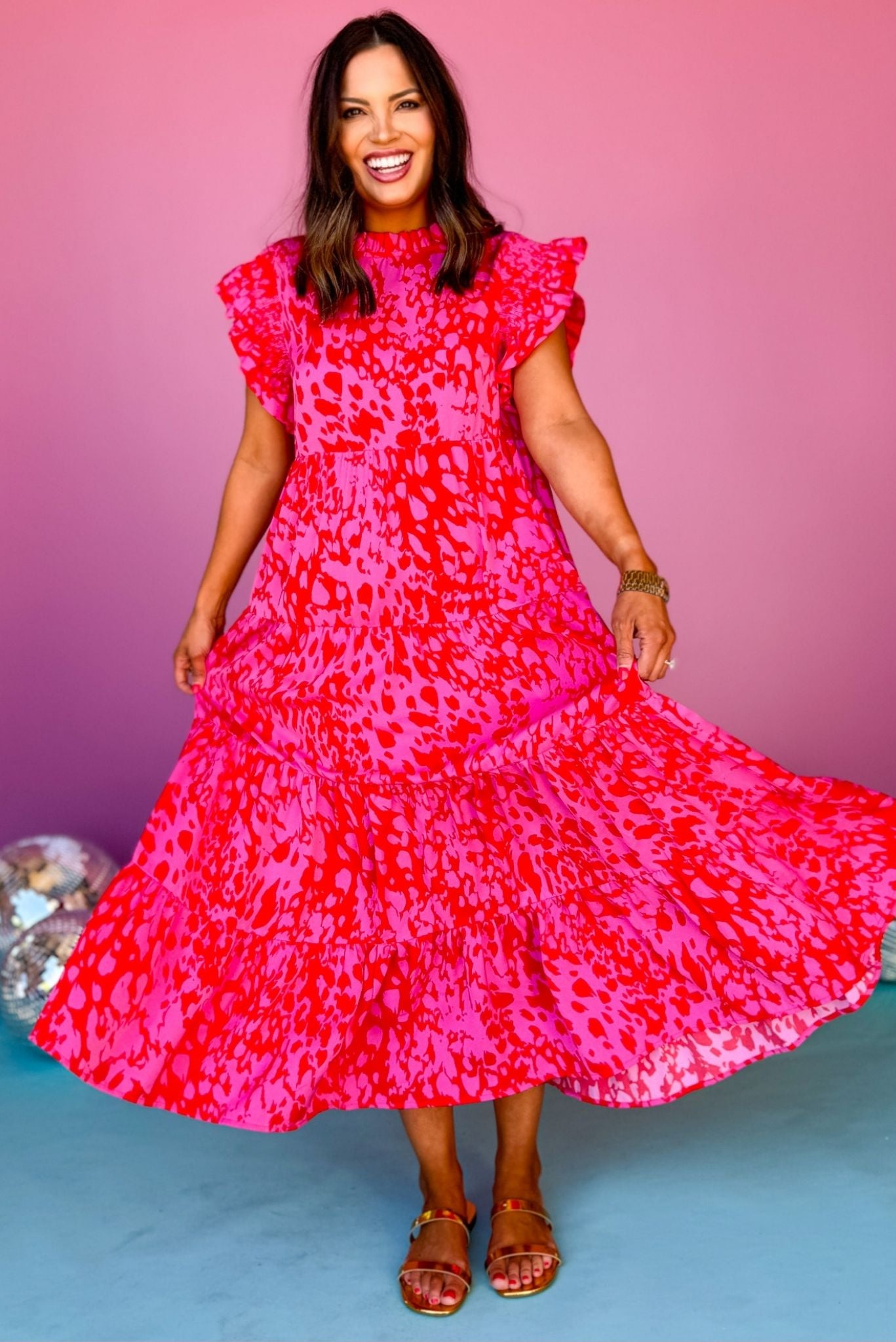 Pink Print Smocked Frilled Shoulder Tiered Layer Dress, smocked dress, printed dress, must have dress, must have style, weekend style, brunch style, spring fashion, elevated style, elevated style, mom style, shop style your senses by mallory fitzsimmons, ssys by mallory fitzsimmons