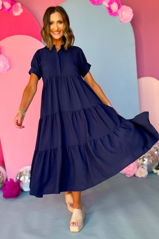 Blue Button Front Tiered Short Sleeve Maxi Dress, maxi dress, must have dress, must have style, church style, spring fashion, elevated style, elevated dress, mom style, work dress, shop style your senses by mallory fitzsimmons