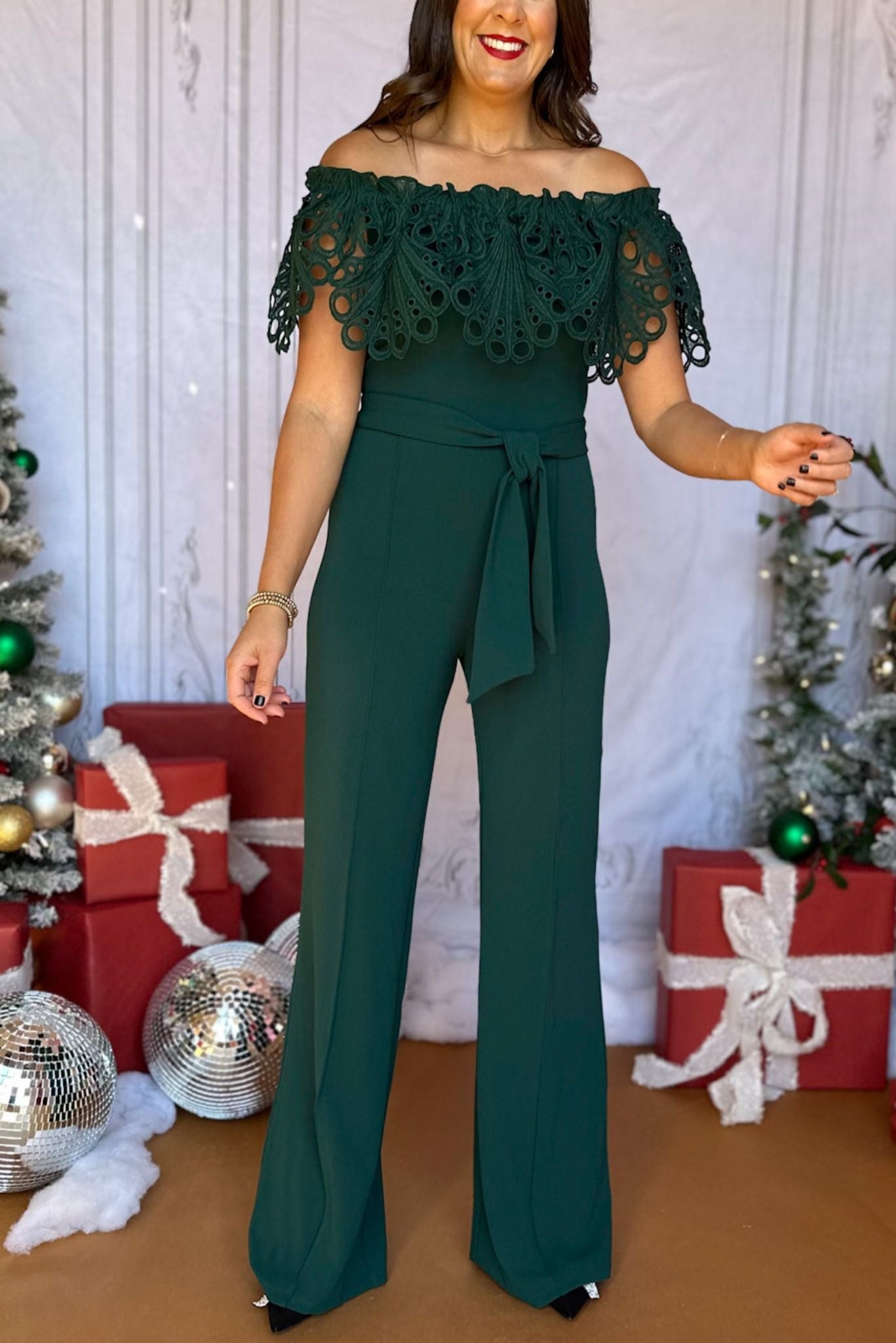 Hunter Green Crochet Off The Shoulder Tie Waist Jumpsuit, must have jumpsuit, must have style, elevated jumpsuit, elevated style, holiday style, holiday fashion, elevated holiday, holiday collection, affordable fashion, mom style, shop style your senses by mallory fitzsimmons
