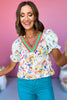 White Multi Color Rope Trim V Neck Floral Printed Top, colorful top, floral top, must have top, must have style, brunch style, summer style, spring fashion, elevated style, elevated top, mom style, shop style your senses by mallory fitzsimmons, ssys by mallory fitzsimmons
